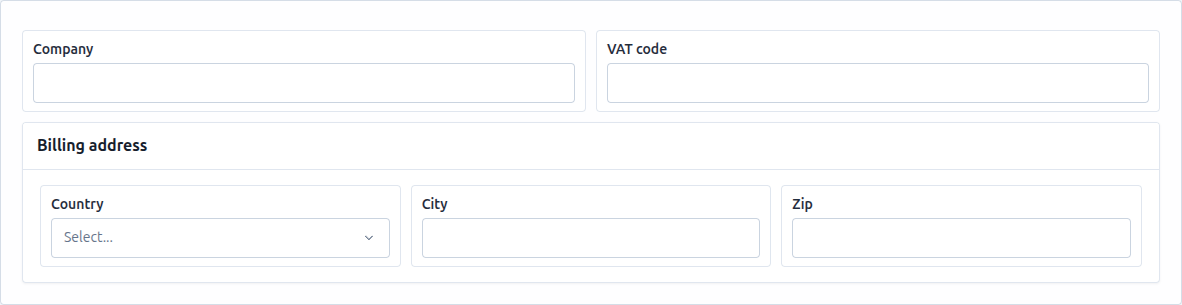 The builder canvas after the agent added a Billing address panel with Country, City and Zip.