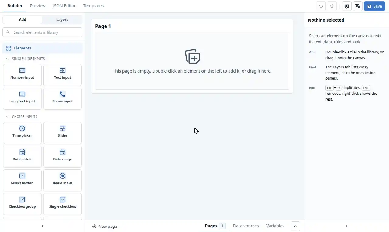 Building a client registration form in the builder, in five captioned steps: First name and Email are dragged side by side and named from their labels, a Client type radio gets the options Private person and Company, the email is made required with an email validator, a Company details panel and its Company code field get Visible if and Require if rules from the visual rule builder, a Register button gets a success toast that validates the form first, and the Preview tab tests an empty submit, the Company choice and a valid registration.
